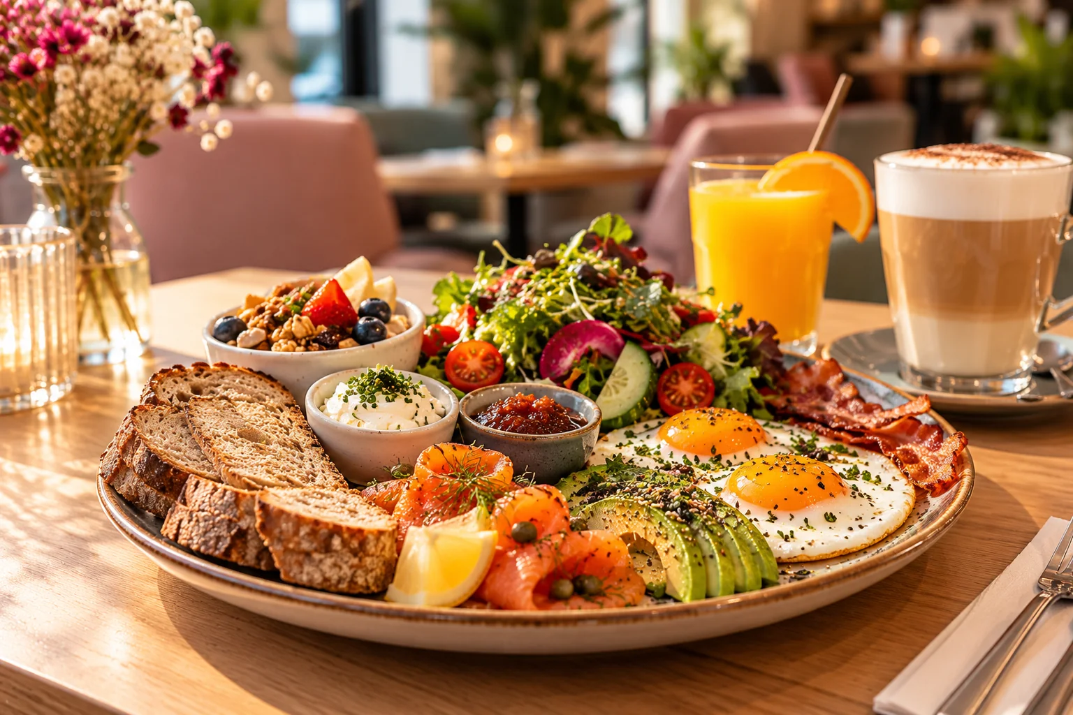 Ontbijtplank met eieren, avocado, zalm en koffie bij Cozy Beans