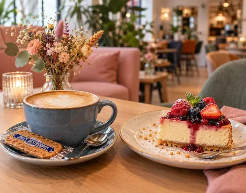 Koffie met melkschuim en framboos-cheesecake bij Cozy Beans