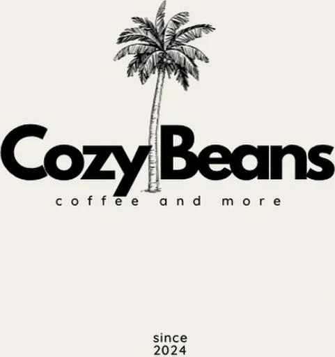 Logo van Cozy Beans: palmboom met Cozy Beans – coffee and more